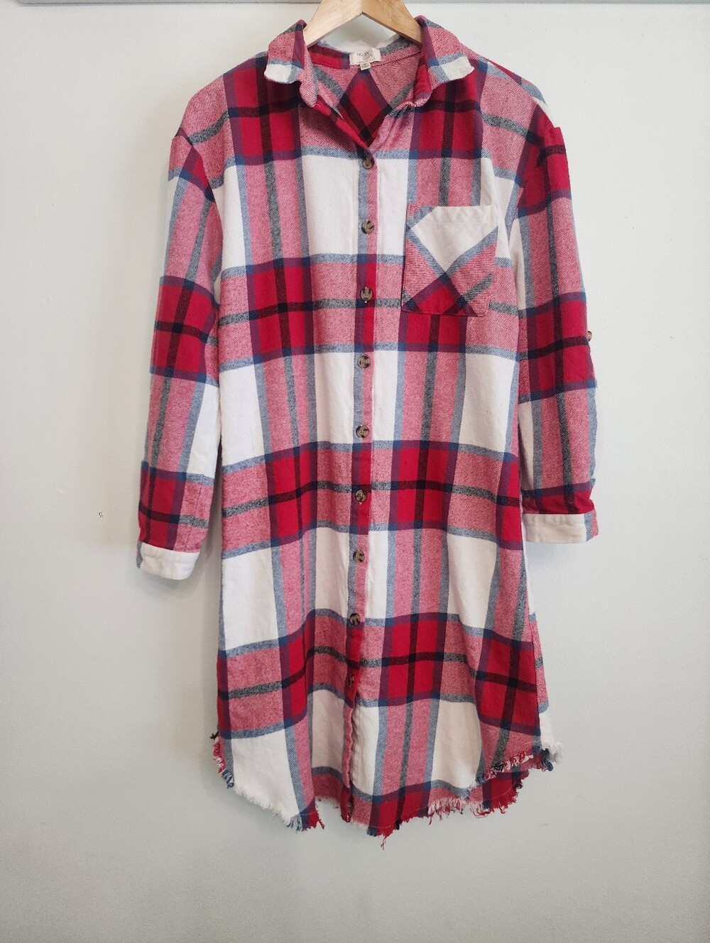 Plaid Flannel Dress Duster Button Down Long Sleeve Red White Med Dizzy Lizzy - Picture 3 of 15